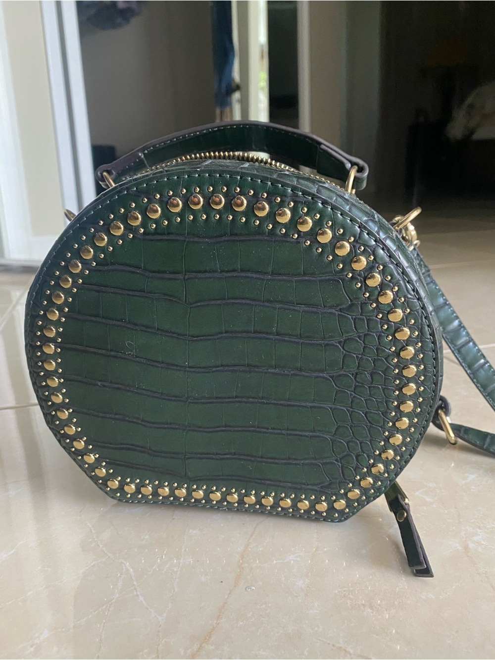 Green Croc-Embossed Round Crossbody Bag with Gold Studs